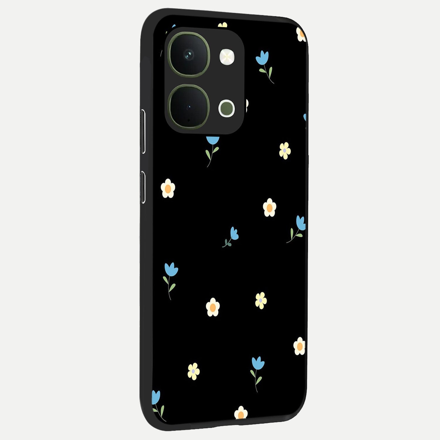 Minimal Petal Whispers Glass Case upright view showcasing elegant floral artwork with modern minimalist style.