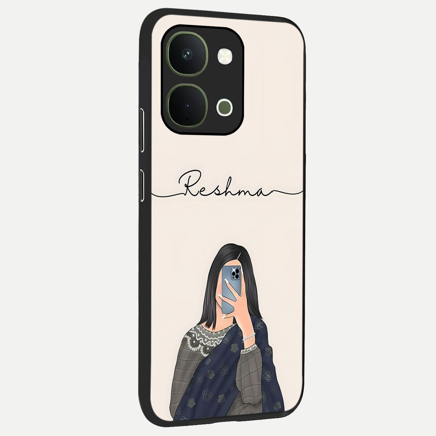 Mirror Mood Muse With Custom Name Glass Case upright view showcasing artistic mirror themed artwork with personalized aesthetic.