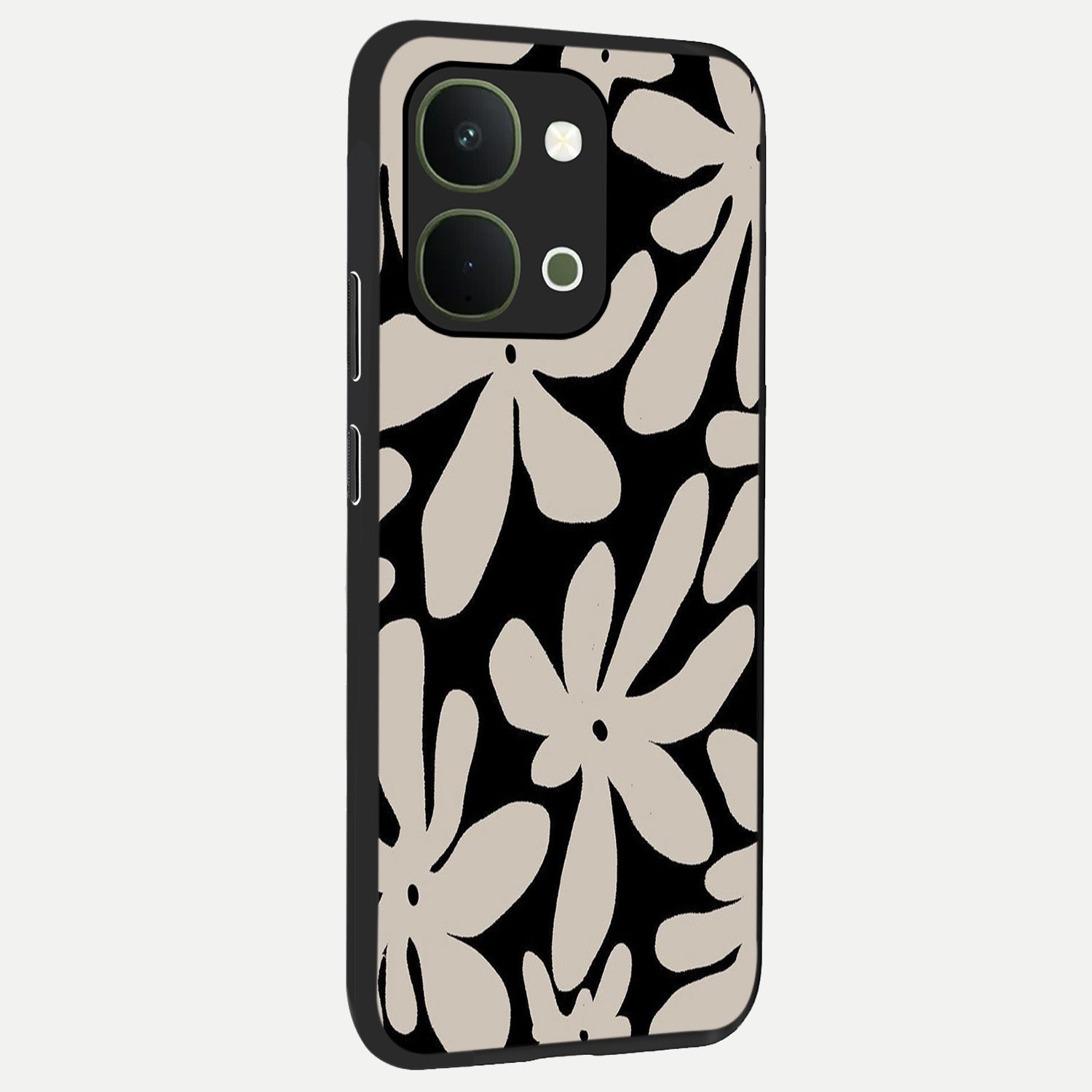 Monochrome Petal Dance Glass Case upright view showcasing artistic floral pattern with stylish monochrome theme.