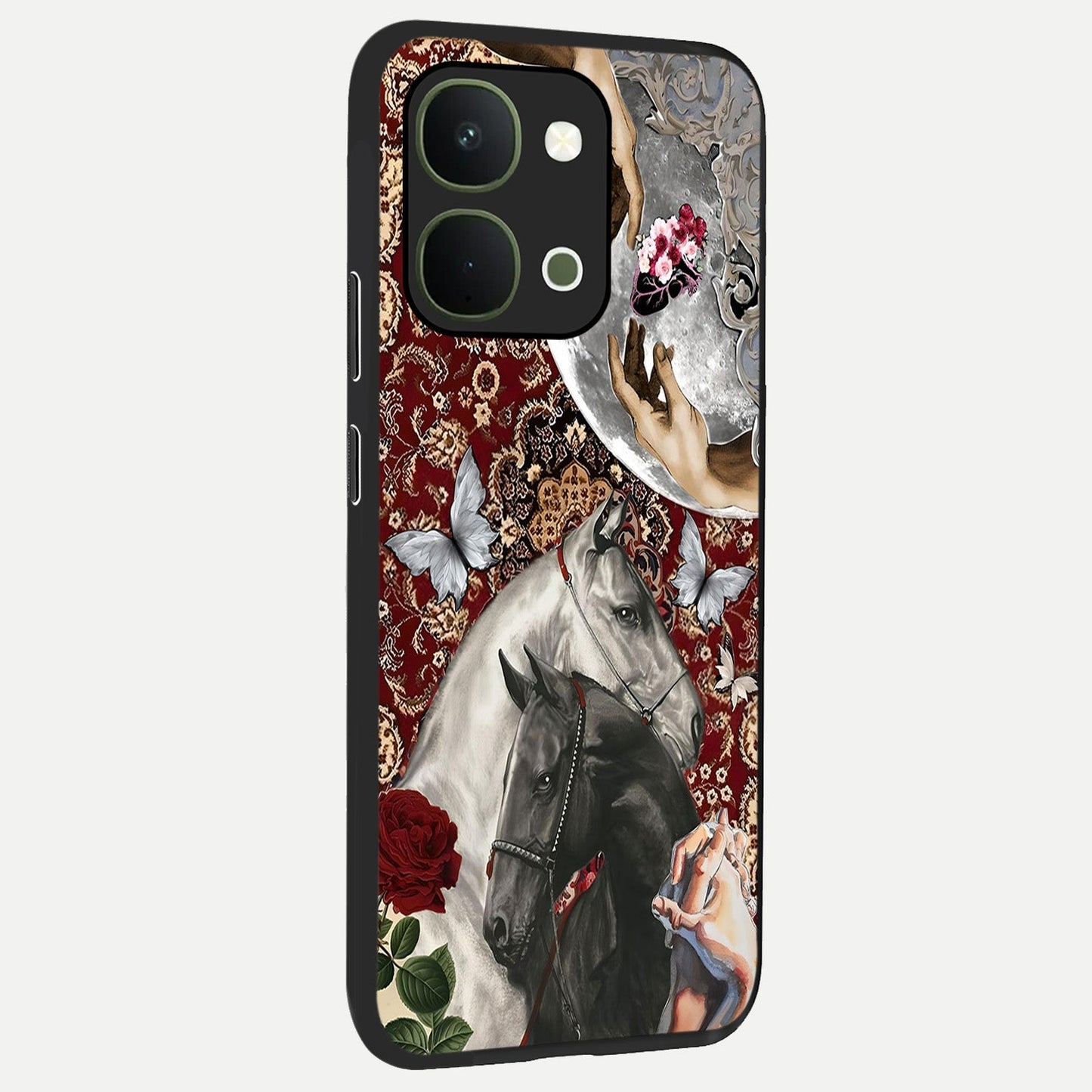 Moonlit Royal Stallion Glass Case upright view showcasing dramatic horse artwork with glowing moon themed design.