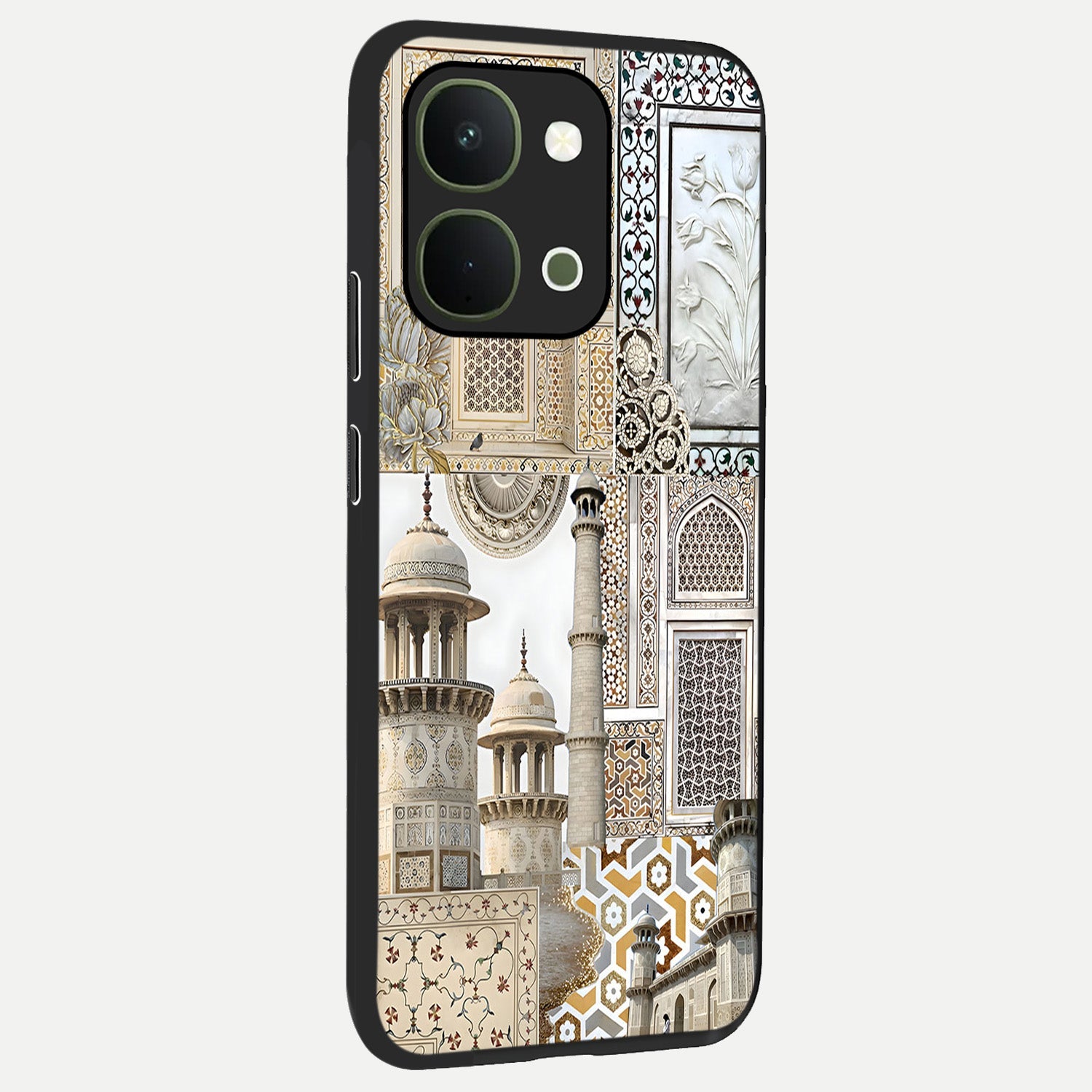 Mughal Marble Legacy Glass Case upright view showcasing ornate Mughal design with luxurious traditional theme.
