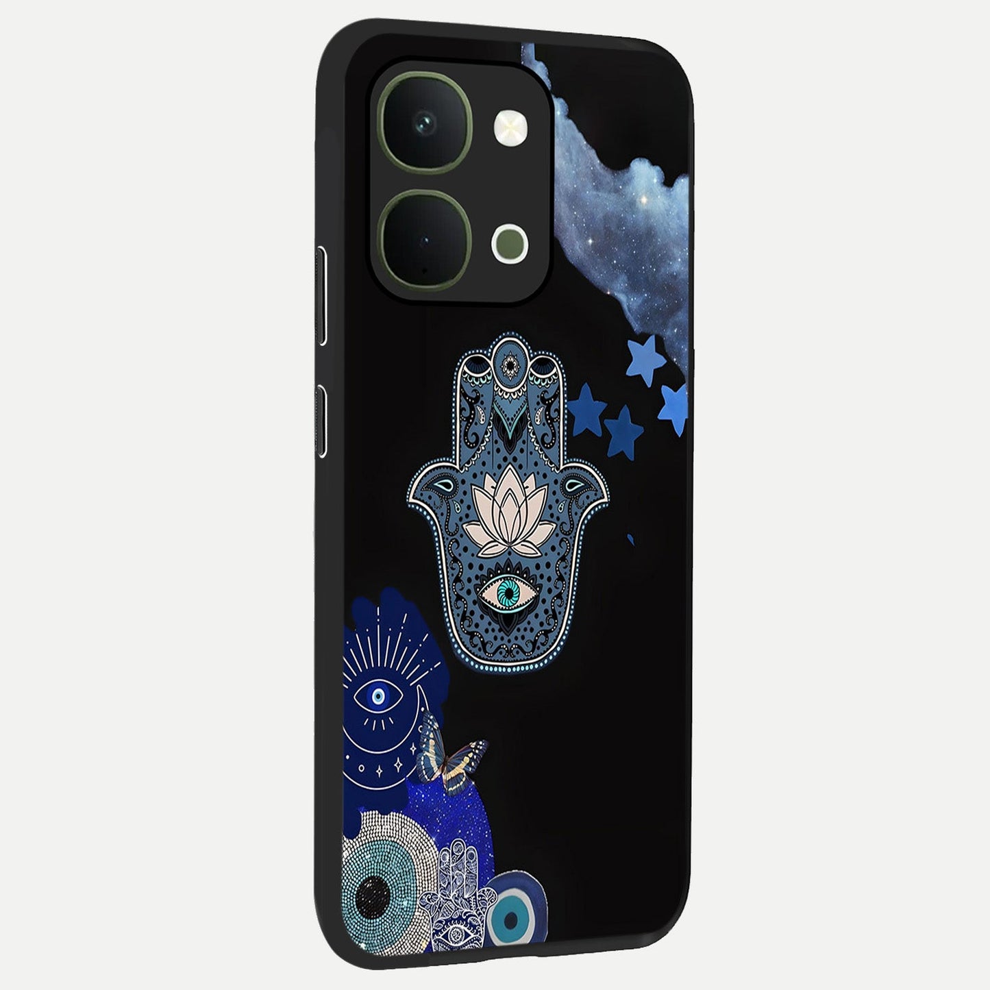 Mystic Hand Aura Glass Case upright view showcasing symbolic hand artwork with mystical energy theme.