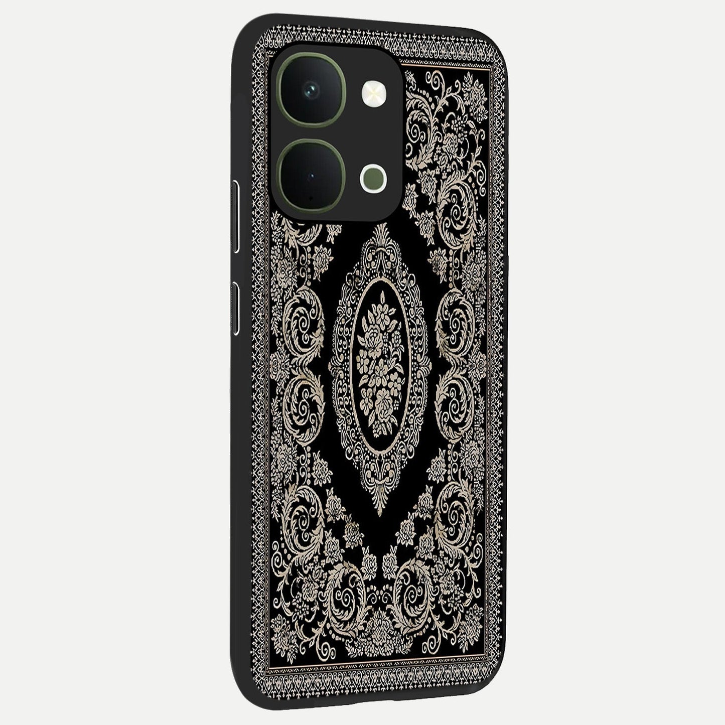 Noir Bloom Elegance Glass Case upright view showcasing graceful floral artwork with luxurious dark theme.