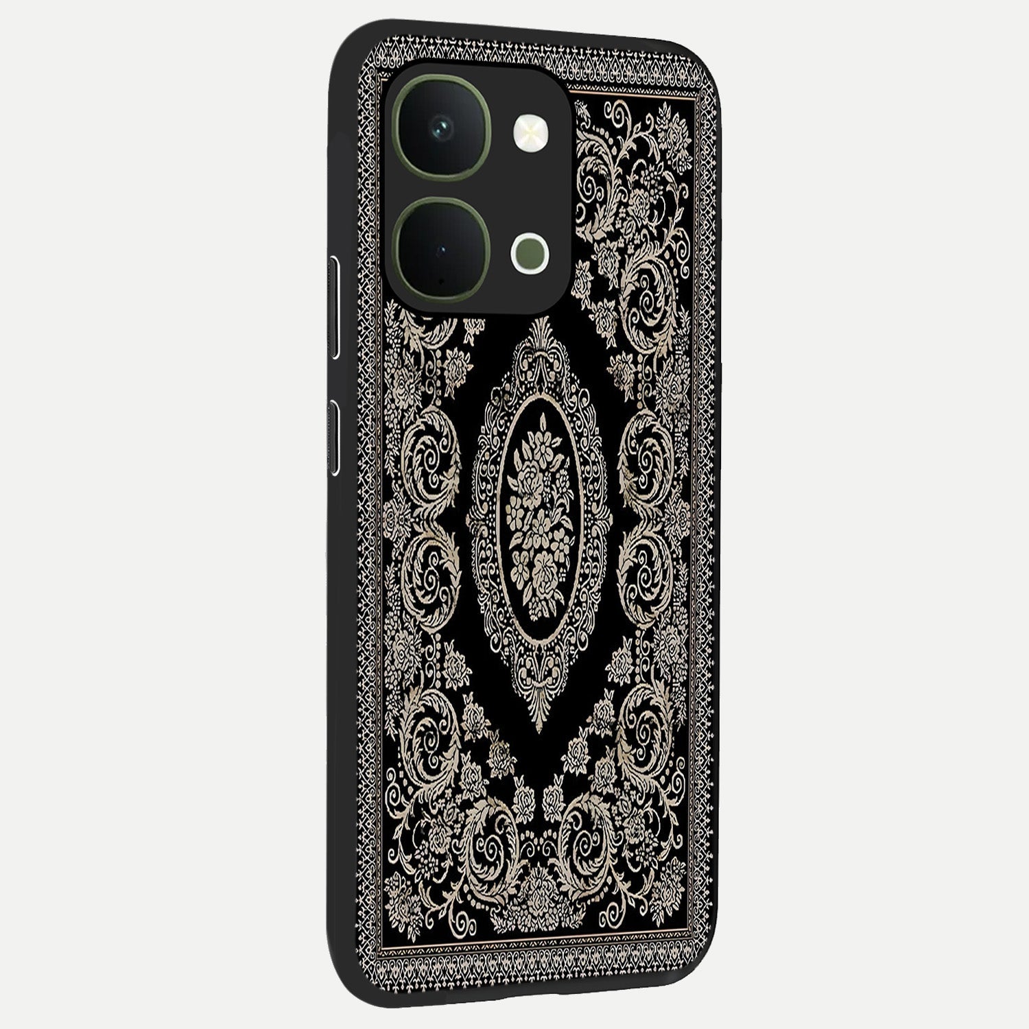 Noir Bloom Elegance Glass Case upright view showcasing graceful floral artwork with luxurious dark theme.