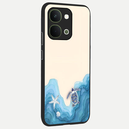 Ocean Drift Turtle Glass Case upright view showcasing calm underwater turtle artwork with nature inspired theme.