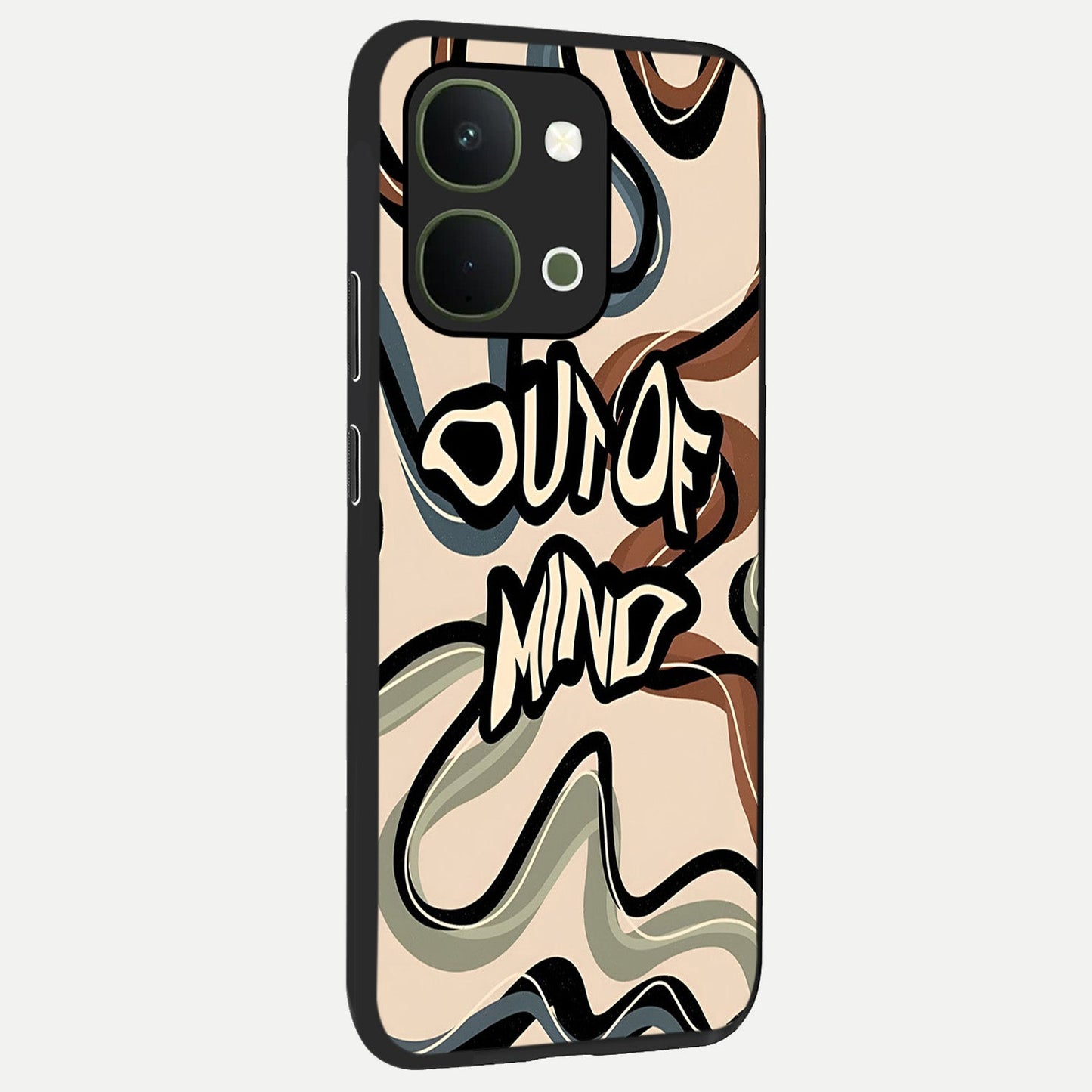 Out Of Mind Glass Case upright view showcasing striking typography artwork with edgy conceptual theme.