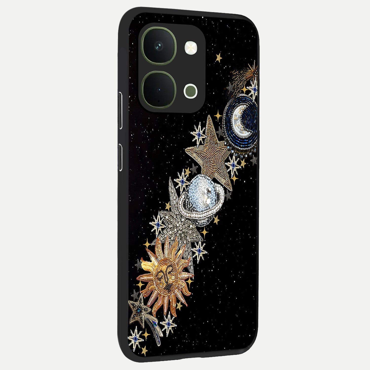 Pearls Universe Object Glass Case upright view showcasing decorative pearl themed artwork with cosmic elegance.