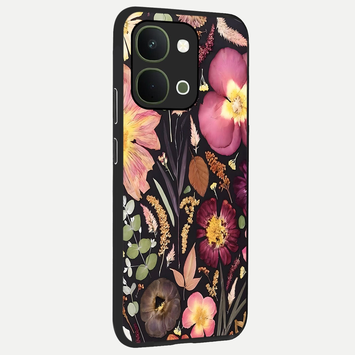Petal Dream Tapestry Glass Case upright view showcasing detailed floral tapestry artwork with artistic nature theme.