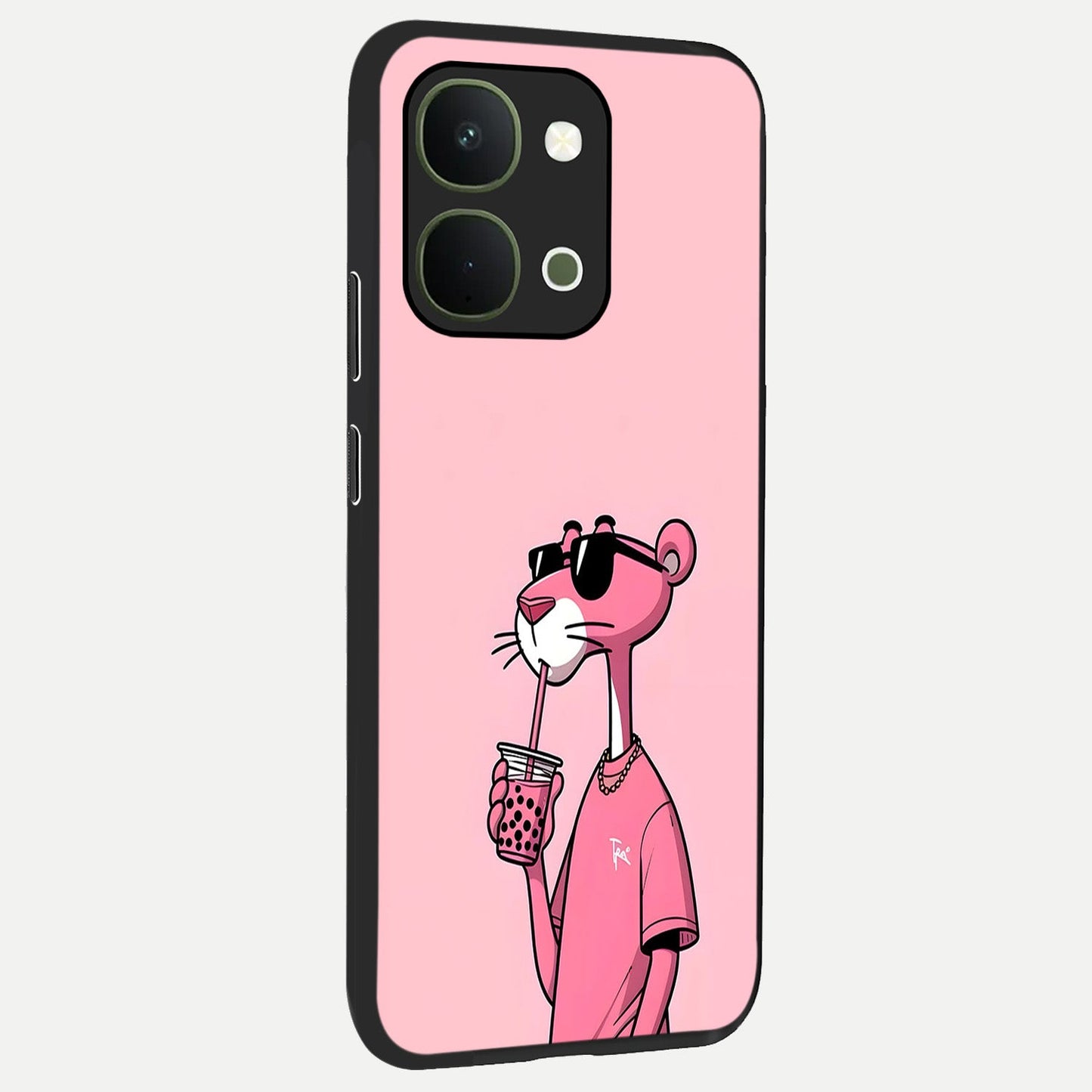 Pink Panther Glass Case upright view showcasing fun animated artwork with stylish retro cartoon theme.
