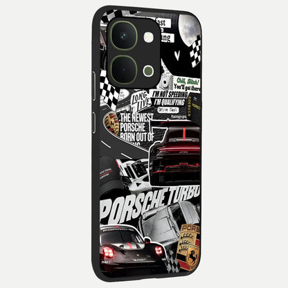 Porsche Racing Collage Glass Case upright view showcasing energetic car collage artwork with high speed racing theme.
