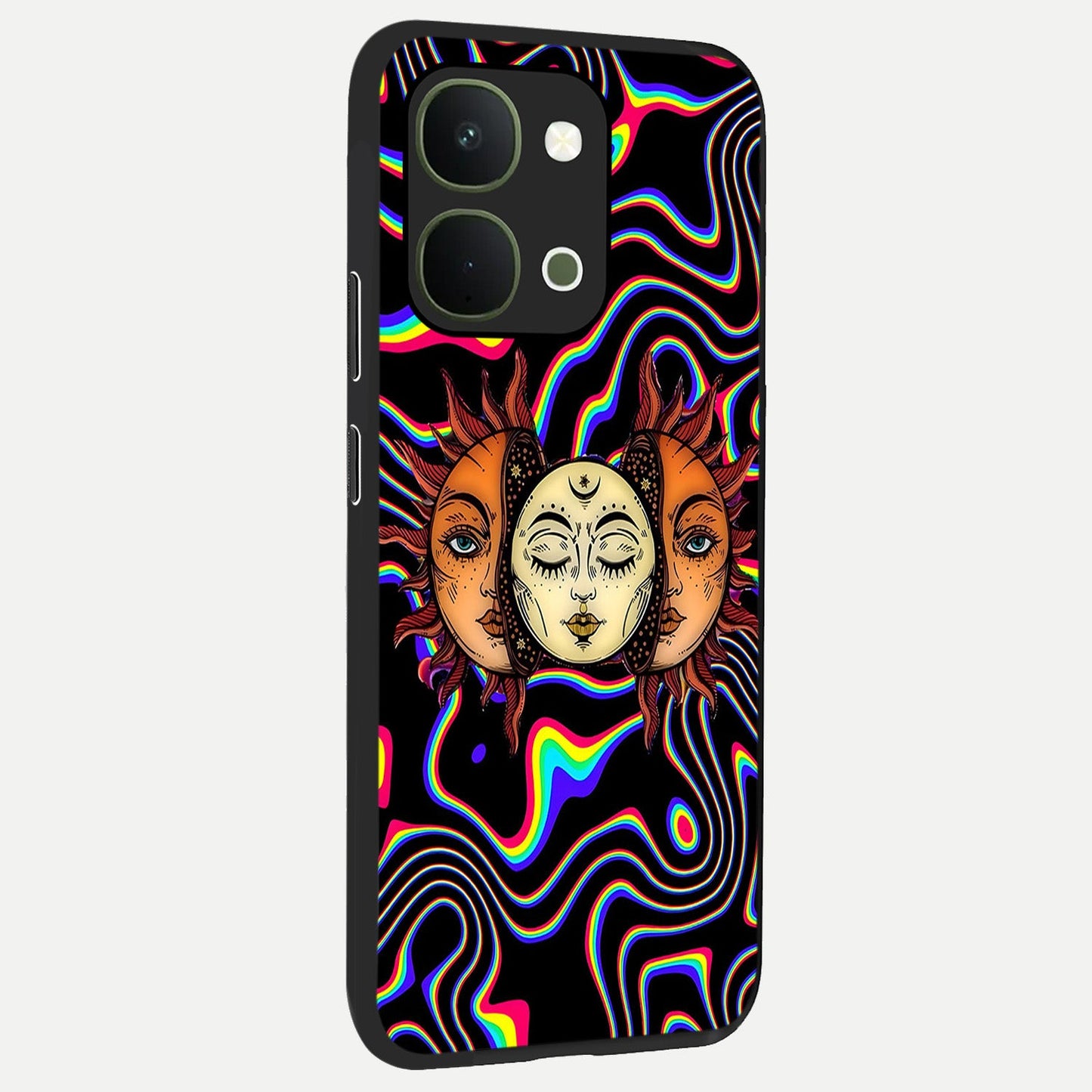Psychedelic Sun Glass Case upright view showcasing trippy sun artwork with bold psychedelic theme.