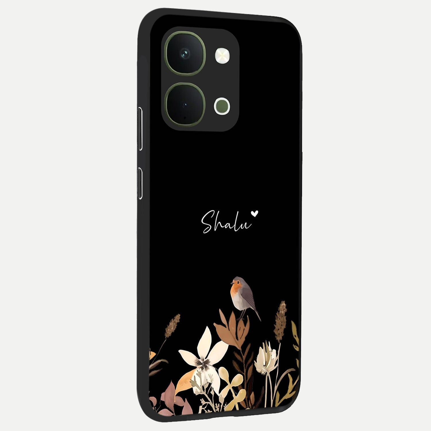 Quiet Garden Tune Custom Name Glass Case upright view showcasing serene botanical artwork with personalized aesthetic.