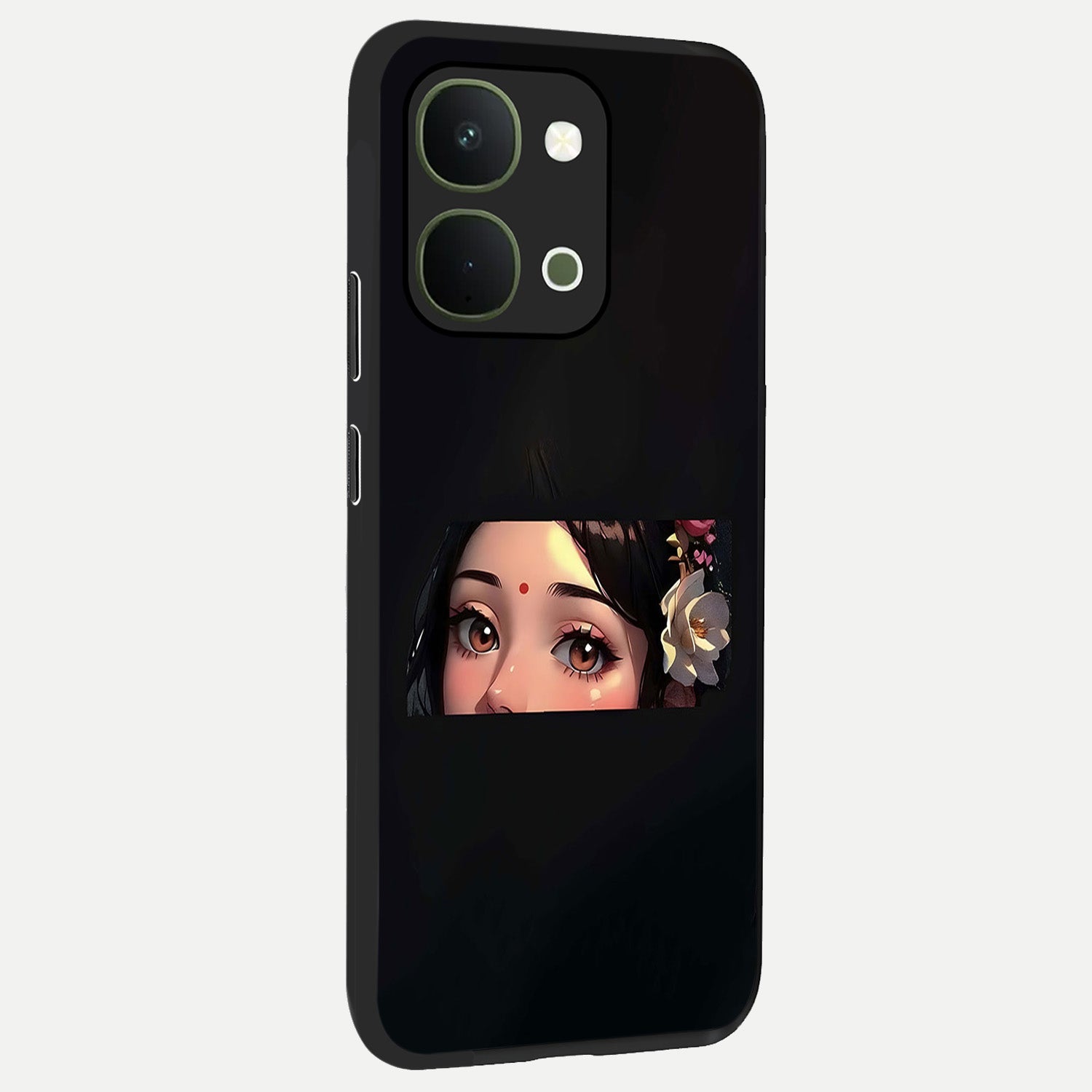 Radha Divine Embrace Glass Case upright view showcasing sacred Radha themed artwork with peaceful devotional style.