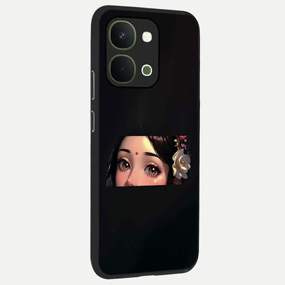 Radha Divine Embrace Glass Case upright view showcasing sacred Radha themed artwork with peaceful devotional style.
