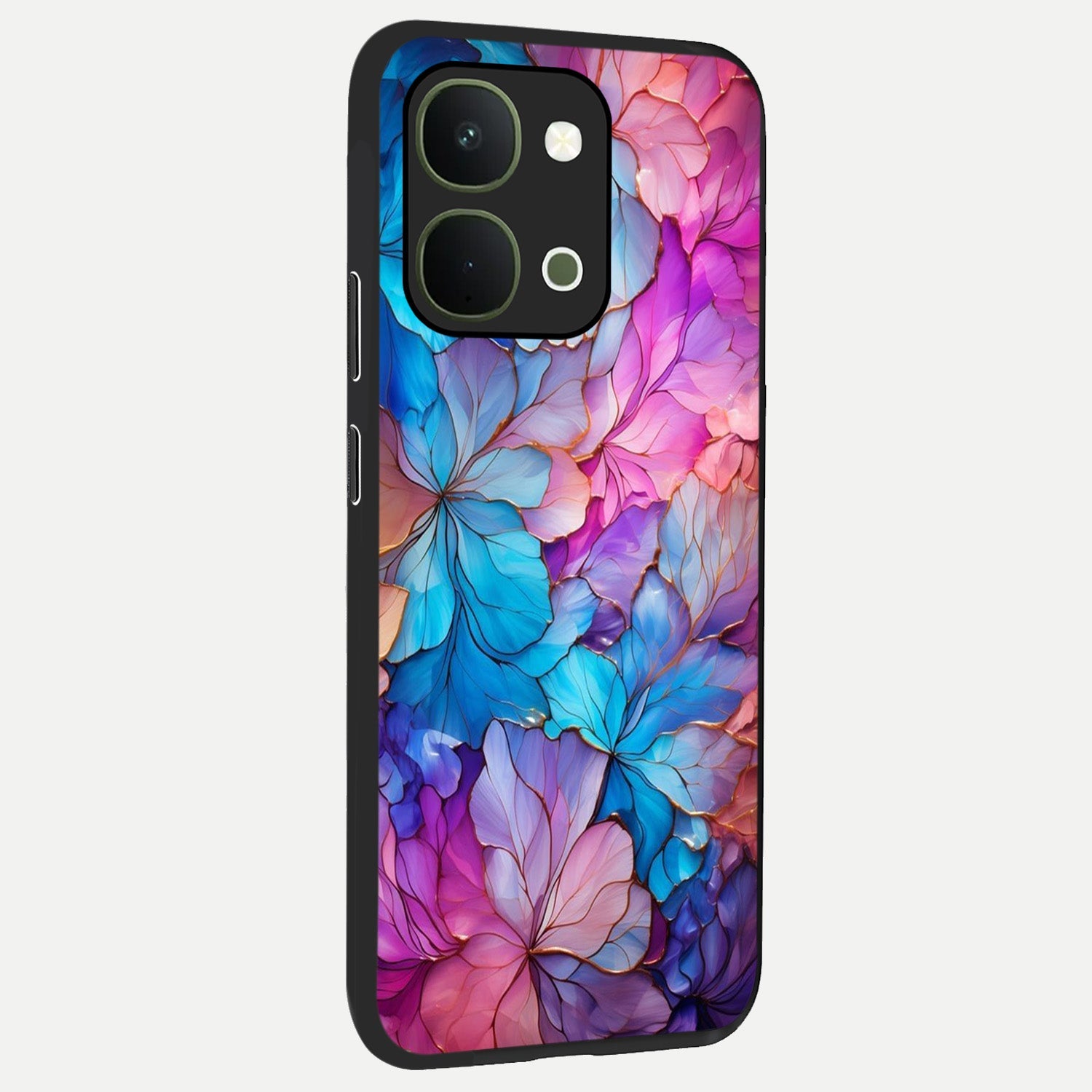 Radiant Floral Whirl Glass Case upright view showcasing lively floral artwork with decorative swirl theme.