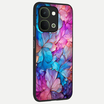 Radiant Floral Whirl Glass Case upright view showcasing lively floral artwork with decorative swirl theme.