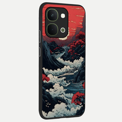 Red Sunset Scenery Glass Case upright view showcasing dramatic sunset scenery artwork with warm nature theme.