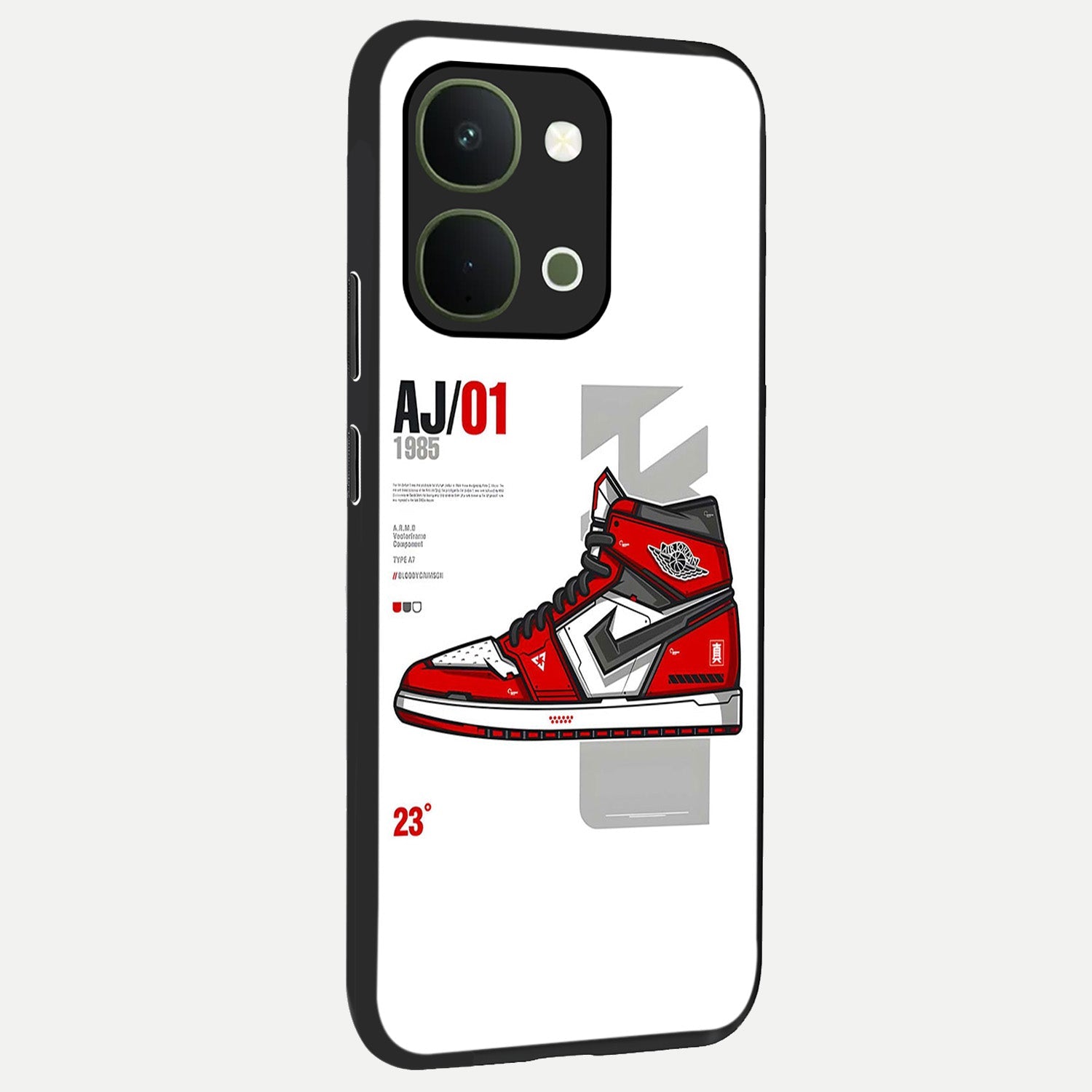 Retro Sneaker Blueprint Glass Case upright view showcasing stylish sneaker illustration with vintage streetwear theme.