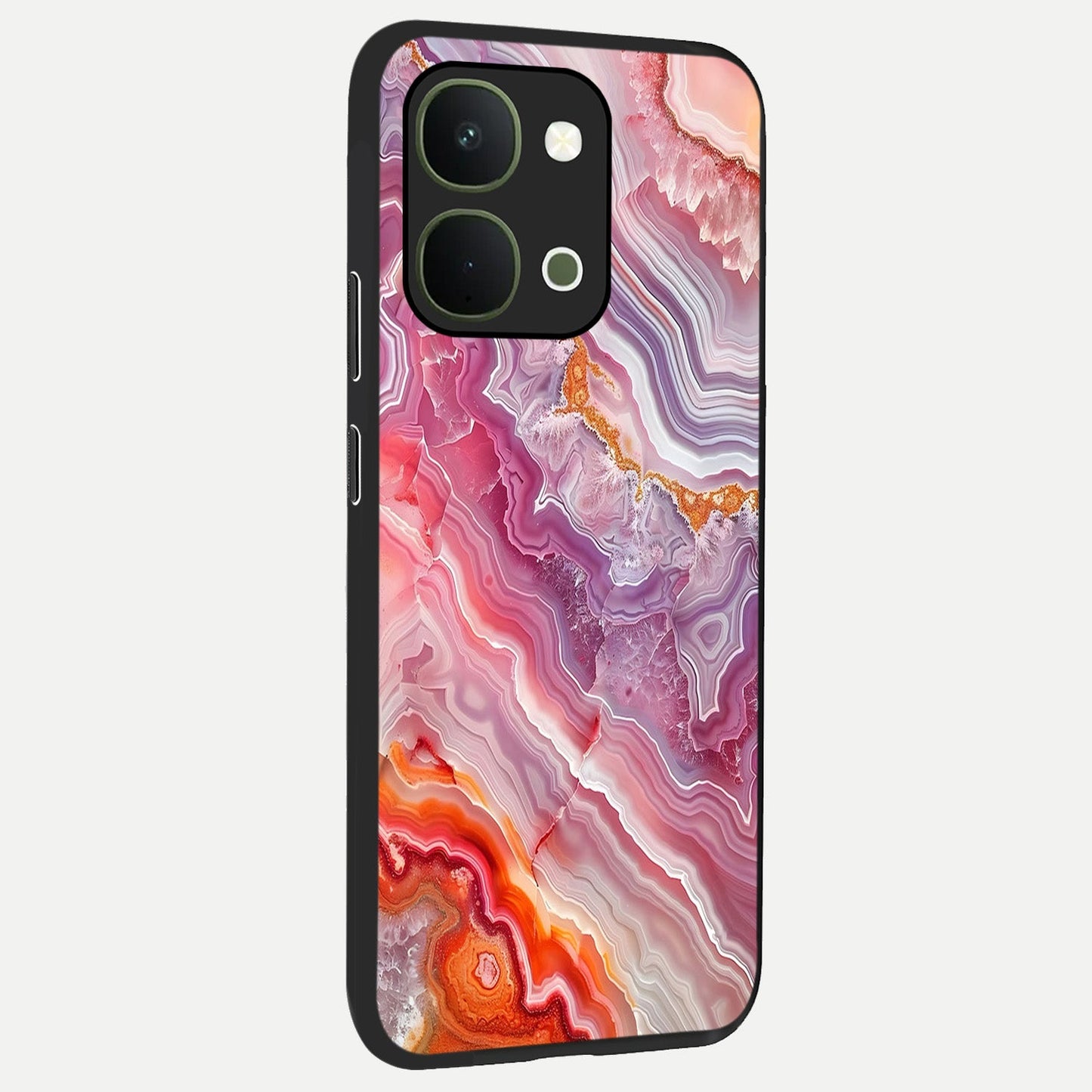 Rose Quartz Marble Glass Case upright view showcasing decorative marble artwork with luxurious pastel theme.