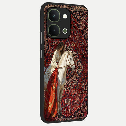 Royal Rider Tapestry Glass Case upright view showcasing detailed rider artwork with classic tapestry theme.