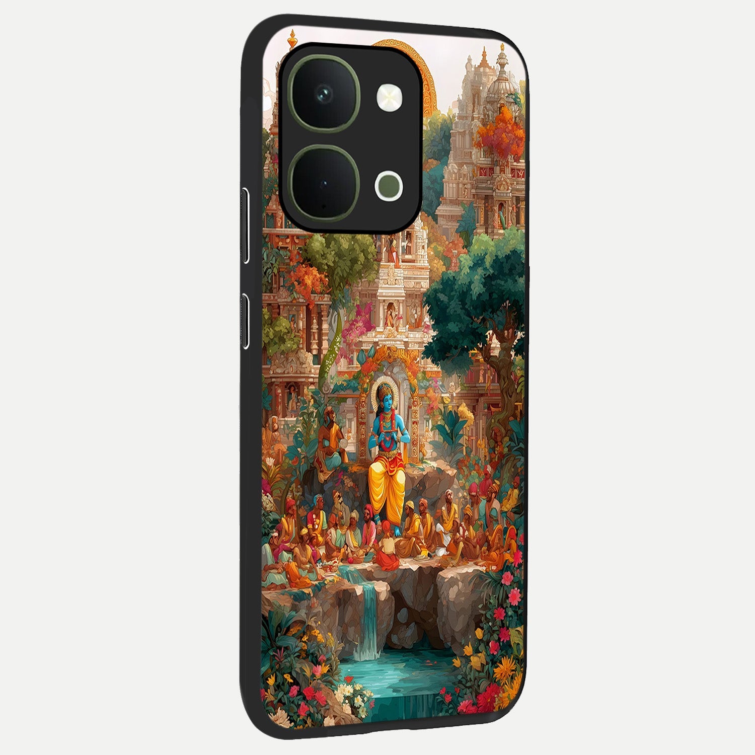 Sacred Sunlight Gods Glass Case upright view showcasing glowing divine artwork with sacred mythological theme.