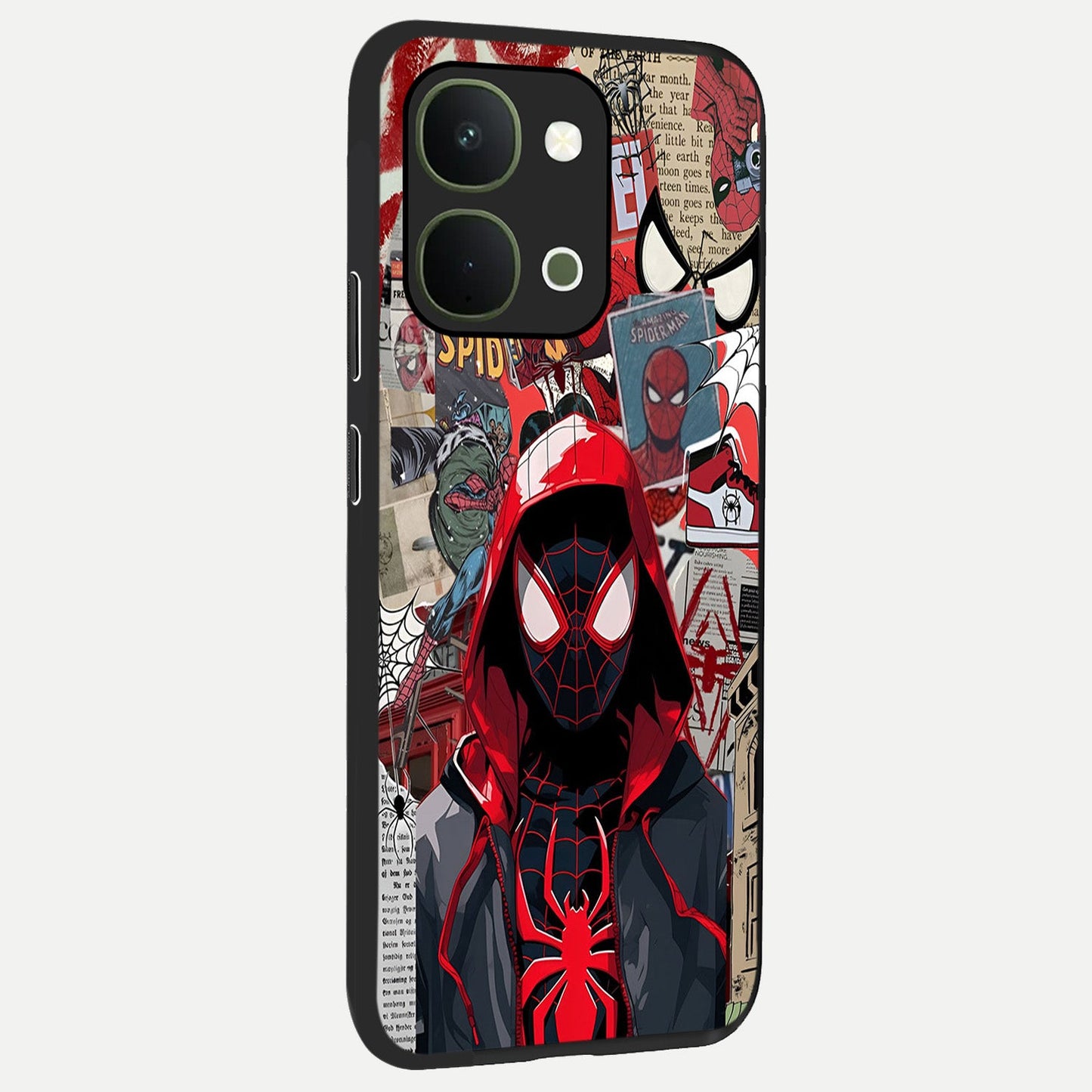 Spider Collage Street Glass Case upright view showcasing bold superhero artwork with urban street theme.