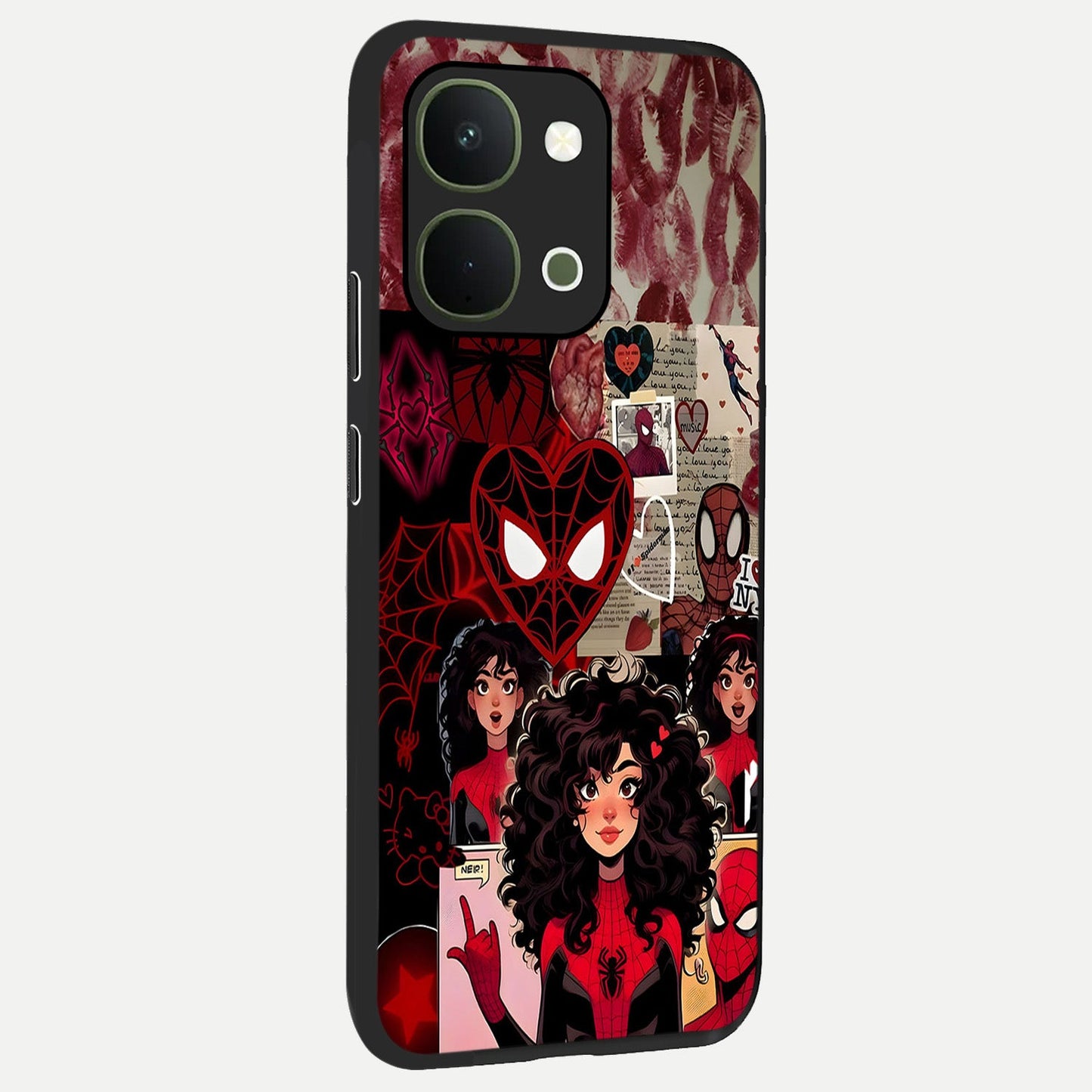 Spider Love Story Glass Case upright view showcasing charming superhero artwork with romantic comic theme.