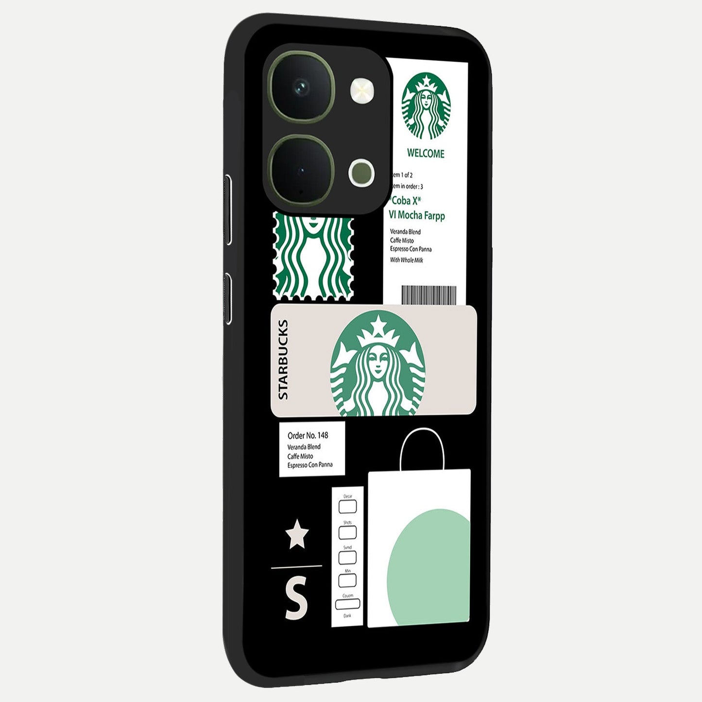 Starbucks Mocha Glass Case upright view showcasing trendy coffee inspired artwork with modern lifestyle theme.