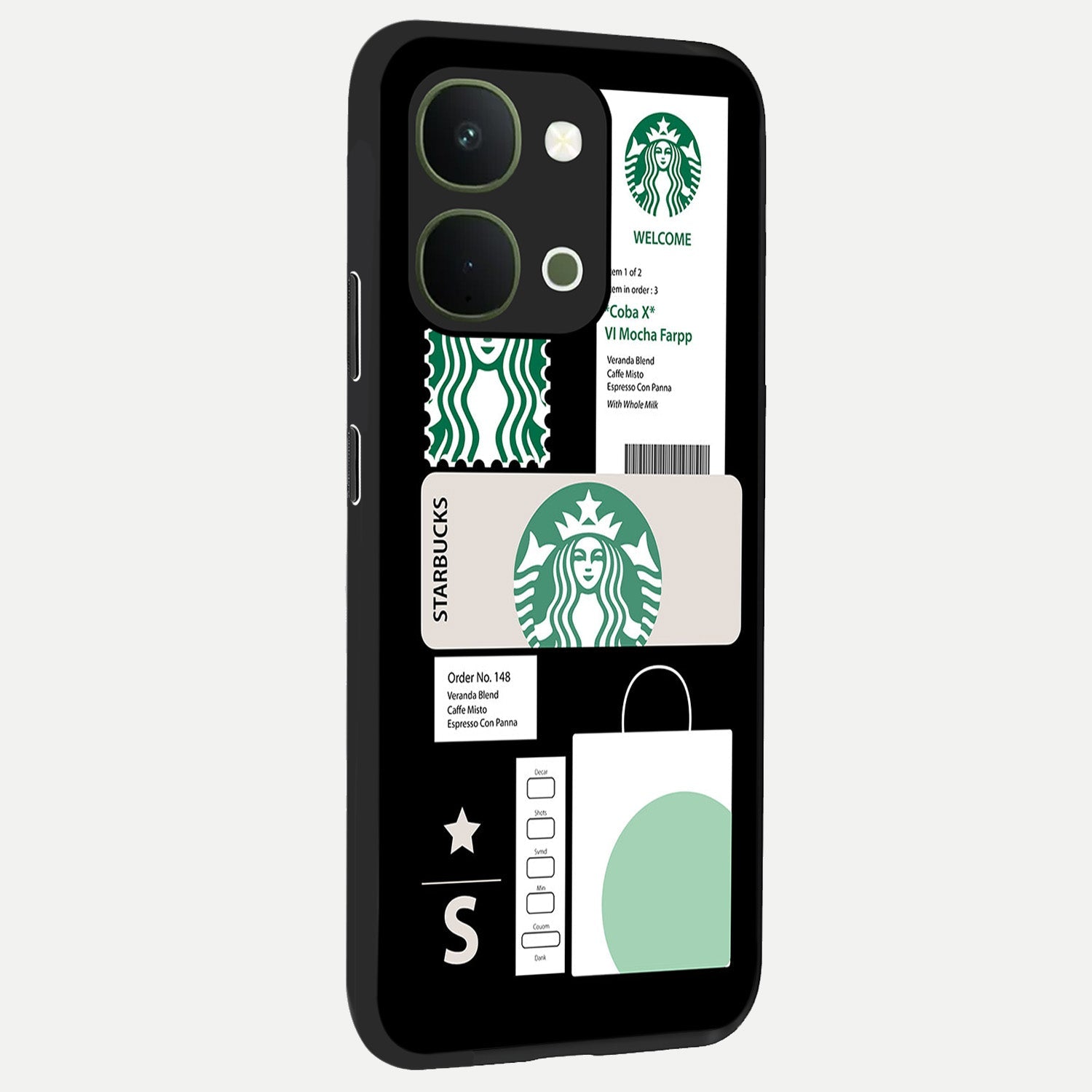 Starbucks Mocha Glass Case upright view showcasing trendy coffee inspired artwork with modern lifestyle theme.