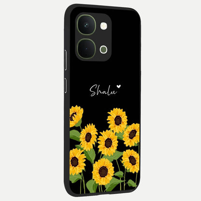 Sunflower Chic Mood Custom Name Glass Case upright view showcasing cheerful sunflower artwork with trendy floral theme.