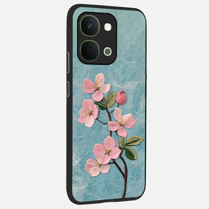 Threaded Blossom Breeze Glass Case upright view showcasing graceful flower artwork with calm botanical theme.