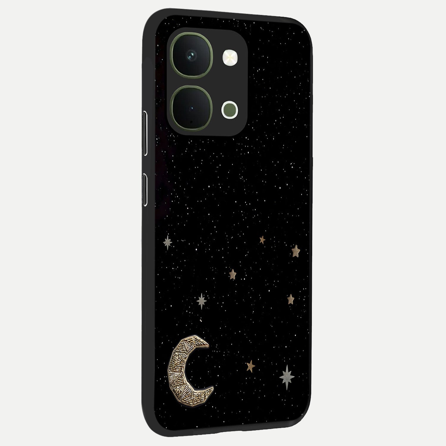 Twinkle Star With Half Moon Glass Case upright view showcasing glowing cosmic artwork with dreamy night theme.