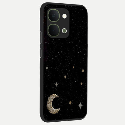 Twinkle Star With Half Moon Glass Case upright view showcasing glowing cosmic artwork with dreamy night theme.