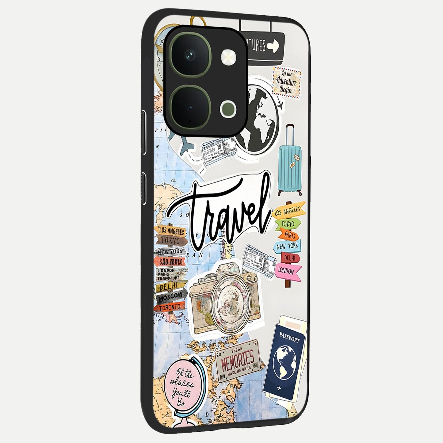 Wanderlust Journal Glass Case upright view showcasing wanderlust inspired artwork with creative exploration theme.