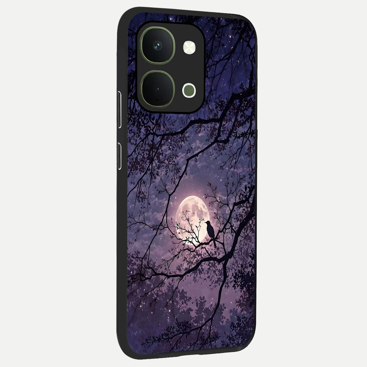 Whispering Moon Silence Glass Case upright view showcasing peaceful moon artwork with tranquil celestial theme.