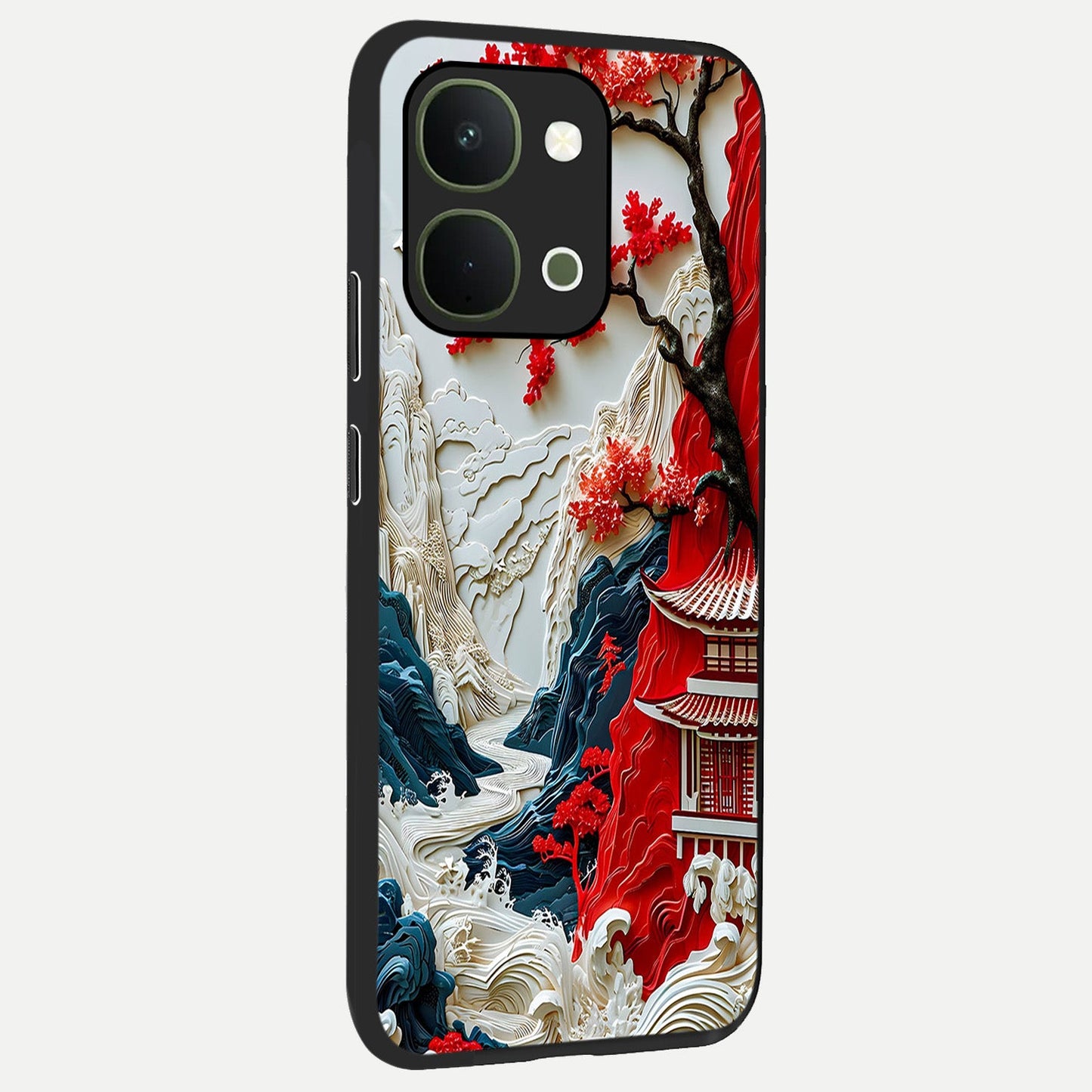 Whispers Of Sakura Waves Glass Case upright view showcasing delicate cherry blossom artwork with elegant nature theme.