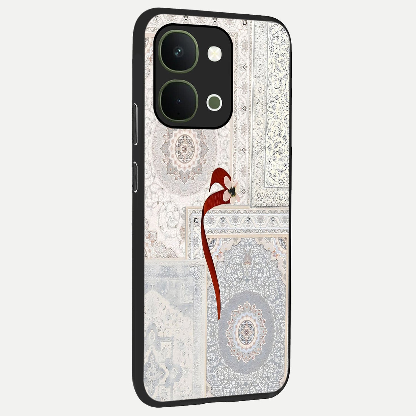 White Aesthetic Bow Glass Case upright view showcasing delicate ribbon bow artwork with cute minimalist theme.