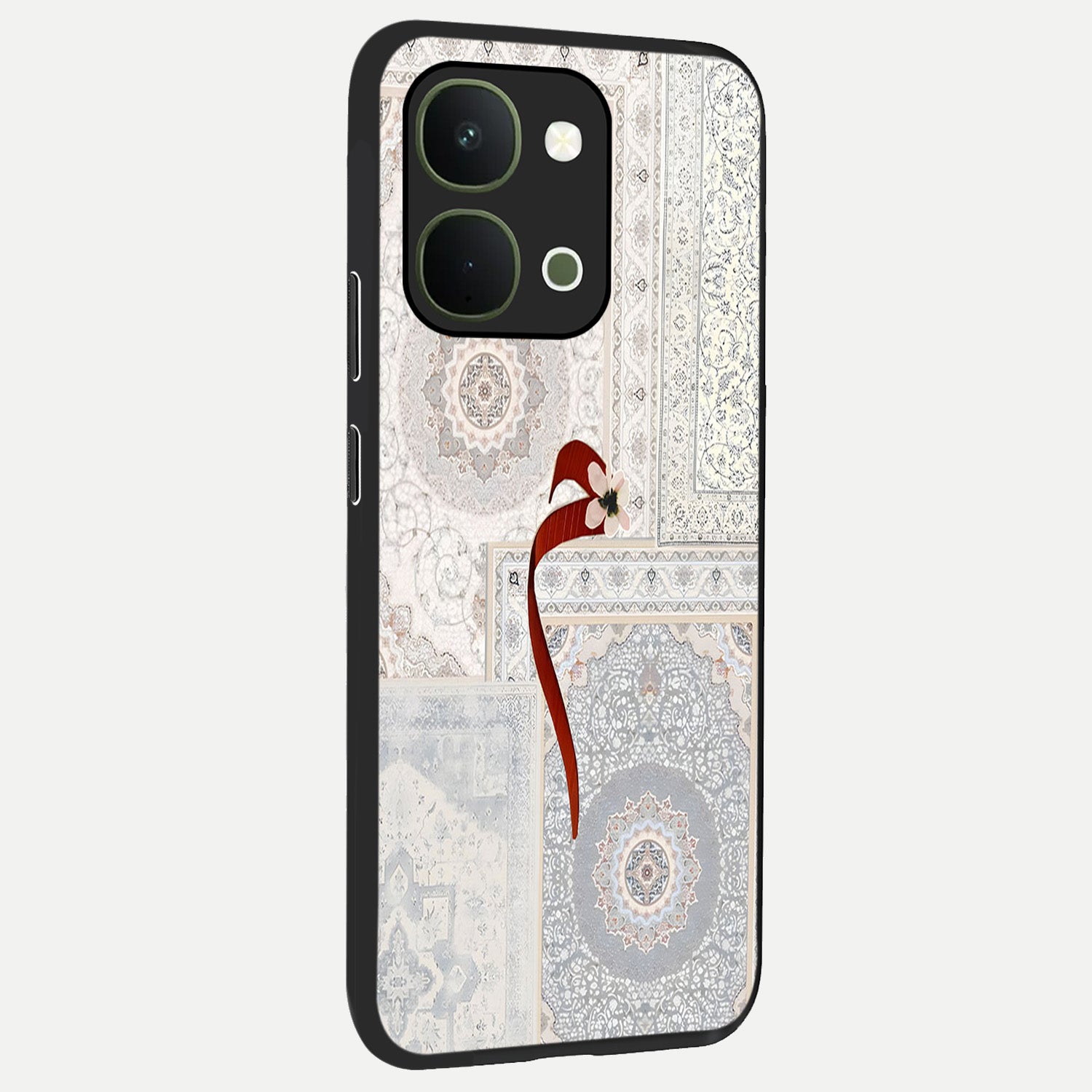 White Aesthetic Bow Glass Case upright view showcasing delicate ribbon bow artwork with cute minimalist theme.