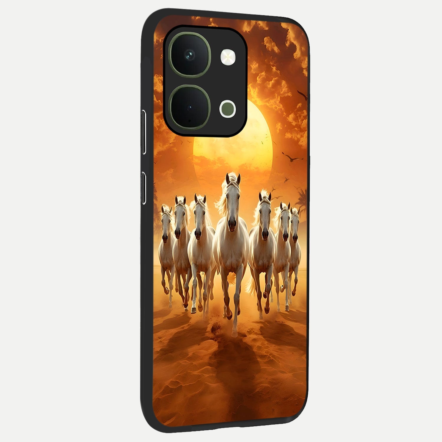 Wild Sunset Majesty Glass Case upright view showcasing dramatic sunset artwork with bold nature theme.