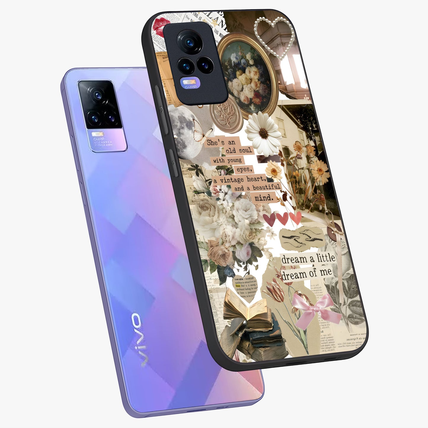 Aesthetic Brown Vintage Collage Glass Case displayed in angled mockup highlighting vintage aesthetic collage design.