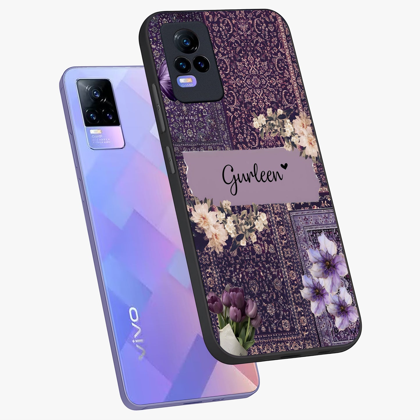 Antique Floral Whisper Custom Name Glass Case displayed in angled mockup highlighting elegant antique floral aesthetic.