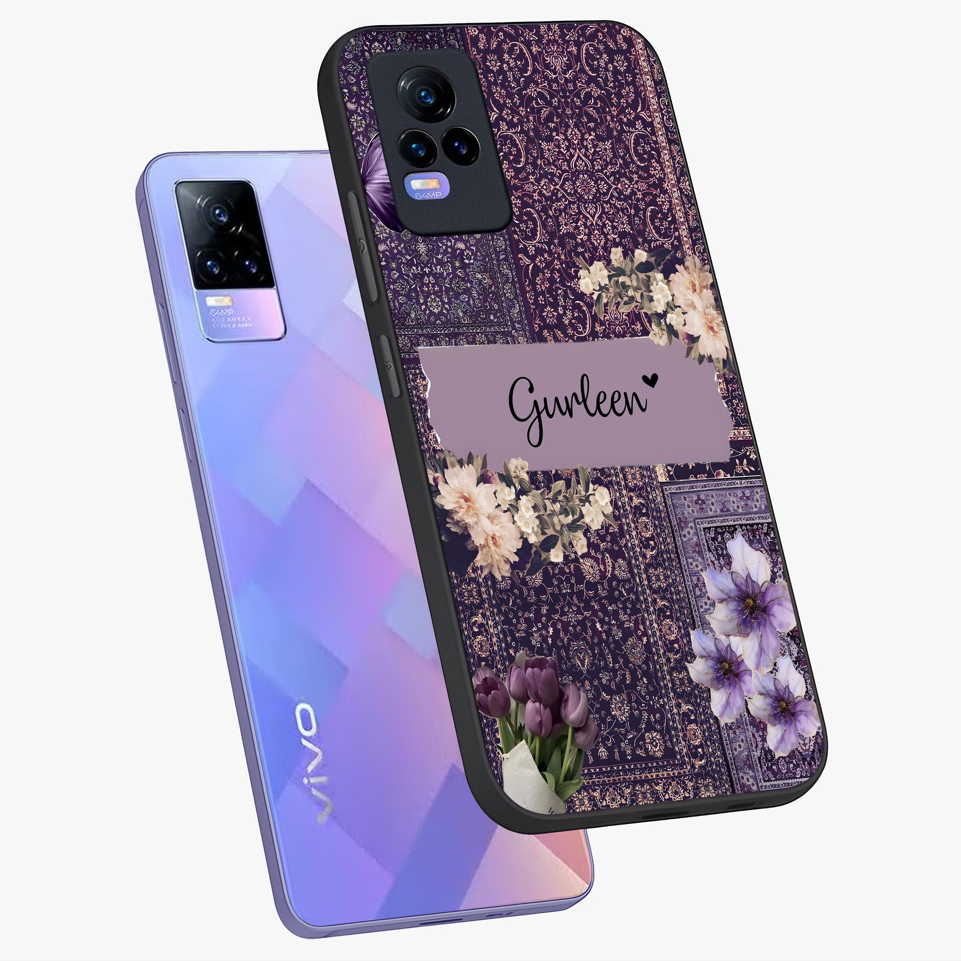 Antique Floral Whisper Custom Name Glass Case displayed in angled mockup highlighting elegant antique floral aesthetic.