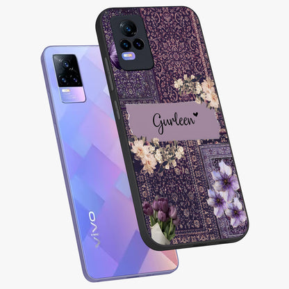 Antique Floral Whisper Custom Name Glass Case displayed in angled mockup highlighting elegant antique floral aesthetic.