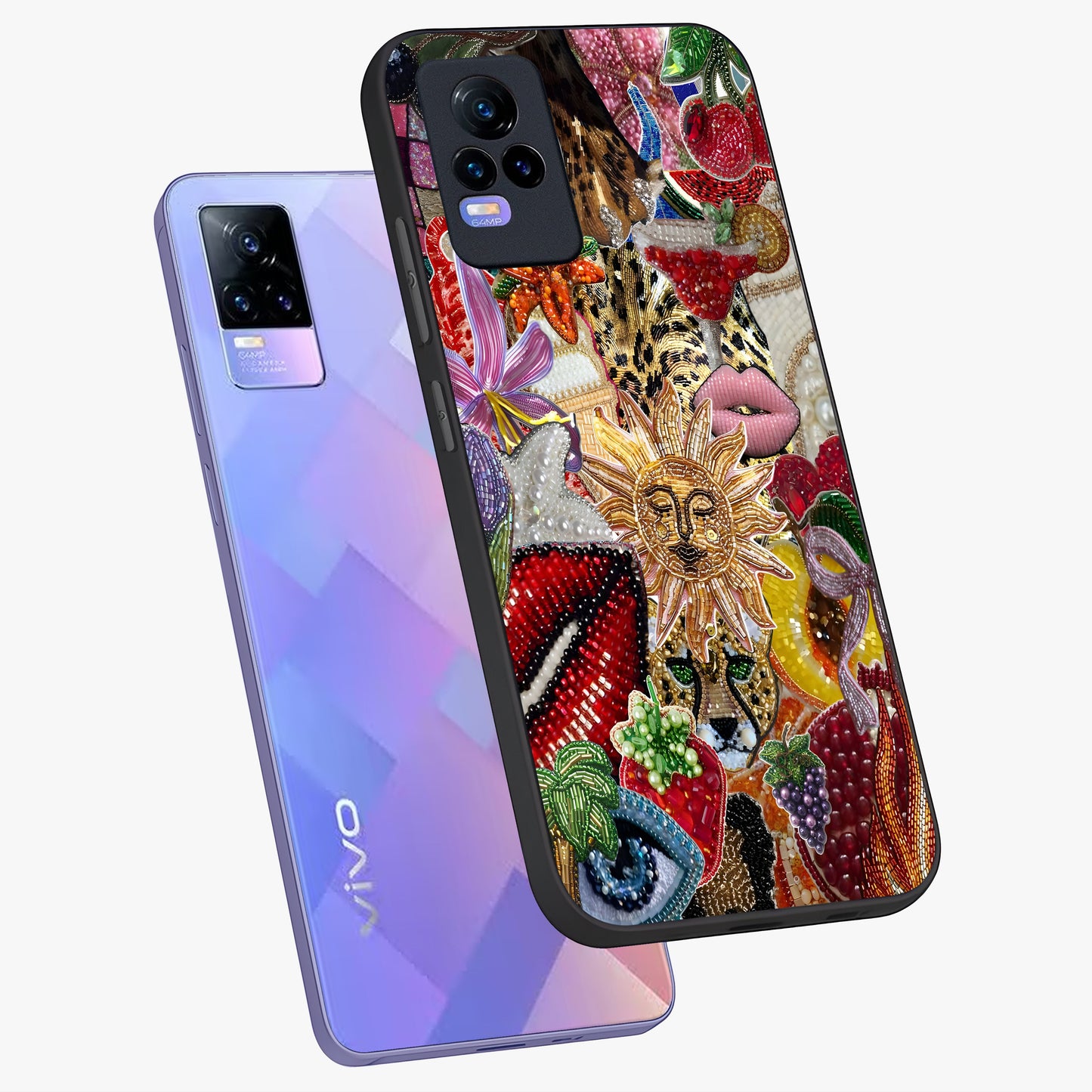 Beaded Fashion Jungle Glass Case displayed in angled mockup highlighting colorful fashion bead design and artistic pattern.