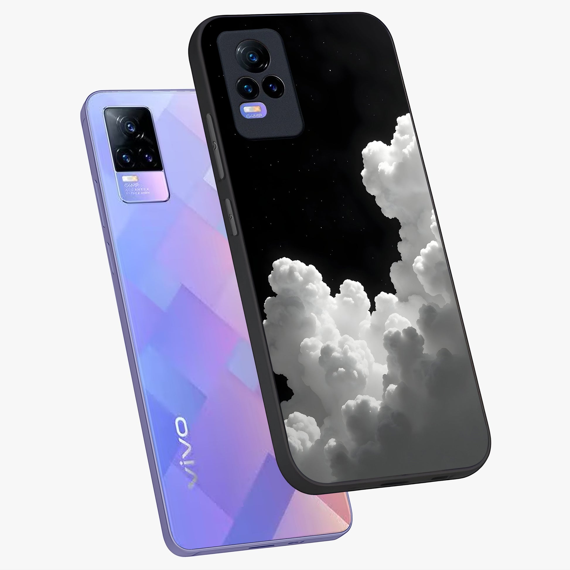 Black Background With White Cloud Glass Case displayed in angled mockup highlighting soft white cloud illustration and minimal design.