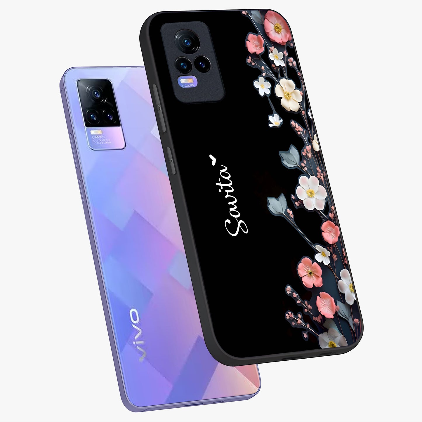Black Elegance Floral Custom Name Glass Case displayed in angled mockup highlighting dark floral aesthetic and custom name feature.