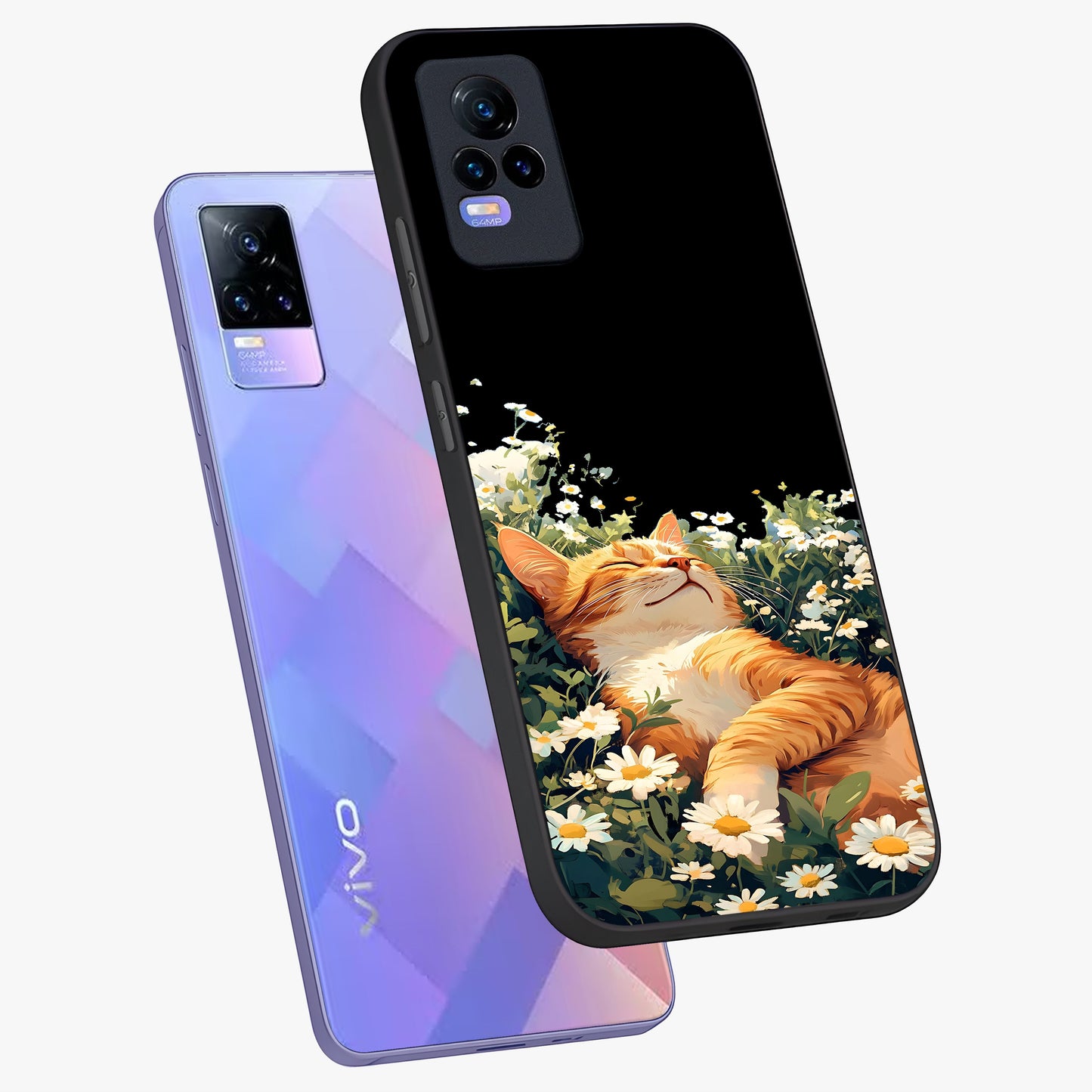 Blissful Bloom Cat Glass Case displayed in angled mockup highlighting playful feline illustration with soft floral aesthetic.