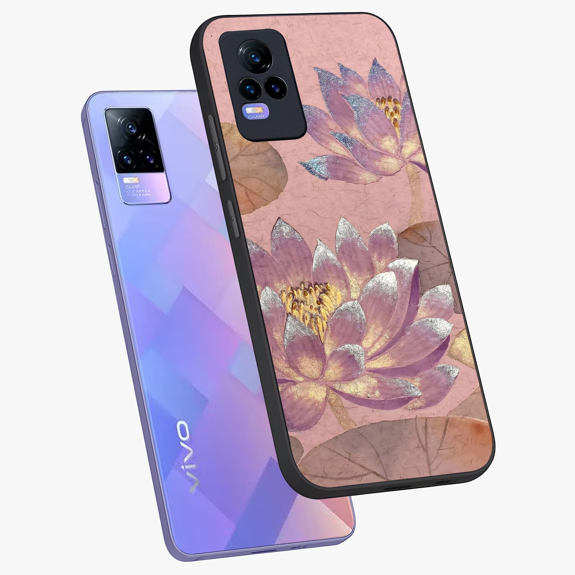 Blossom Mist Lotus Glass Case displayed in angled mockup highlighting delicate lotus illustration with calm aesthetic theme.