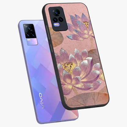 Blossom Mist Lotus Glass Case displayed in angled mockup highlighting delicate lotus illustration with calm aesthetic theme.
