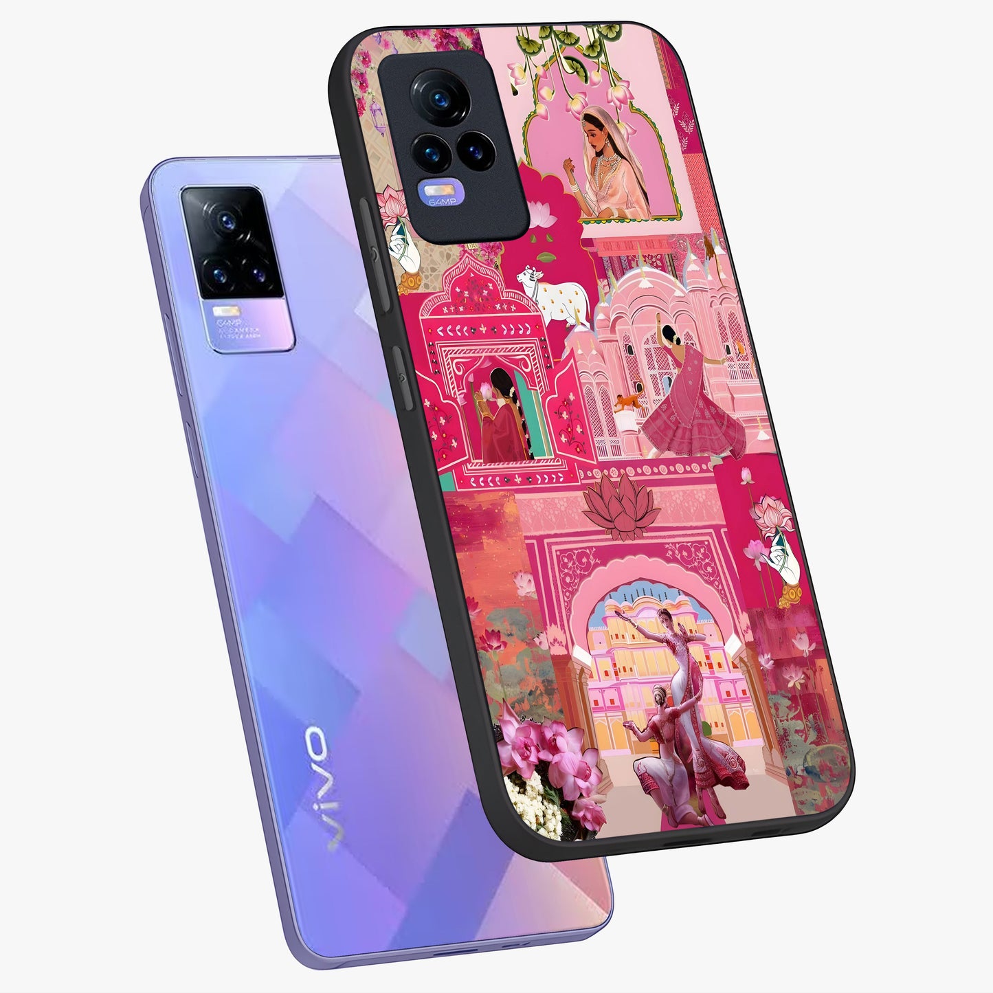 Blossoms of Rajasthan Glass Case displayed in angled mockup highlighting vibrant floral pattern with cultural aesthetic style.